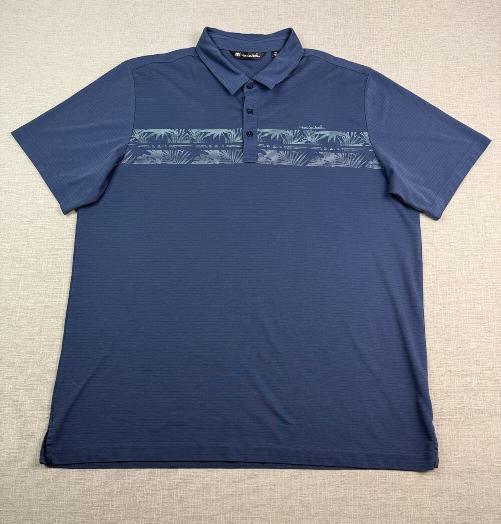 TravisMathew Golf Polo Men’s XXL Blue Tropical Chest Stripe Cotton Blend Shirt